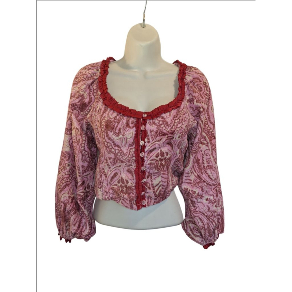 Free People Pink Red Paisley Long Sleeve Crop sz S festival Renaissance blouse - Picture 2 of 13